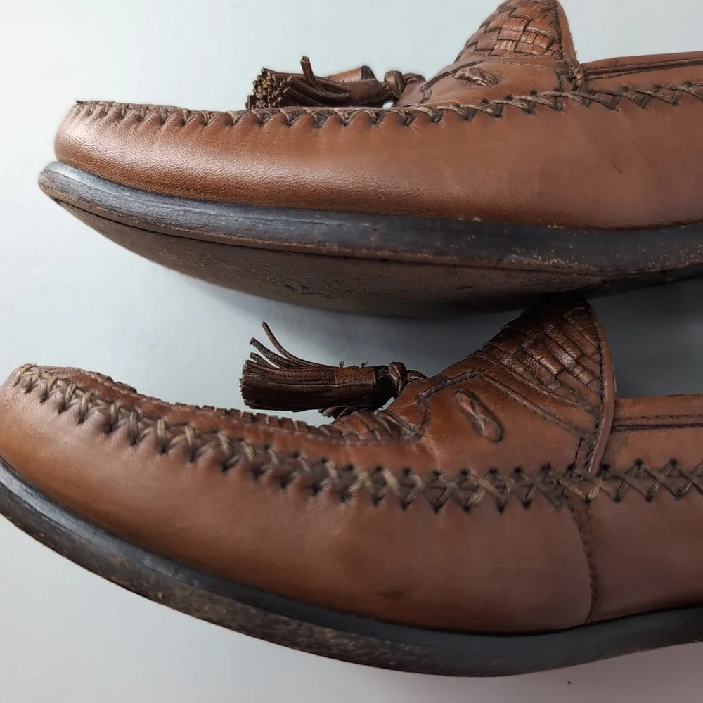 Domani Mens Brown Leather Woven Tassel Loafers Kiltie Slip On Shoes 8M 18 2002